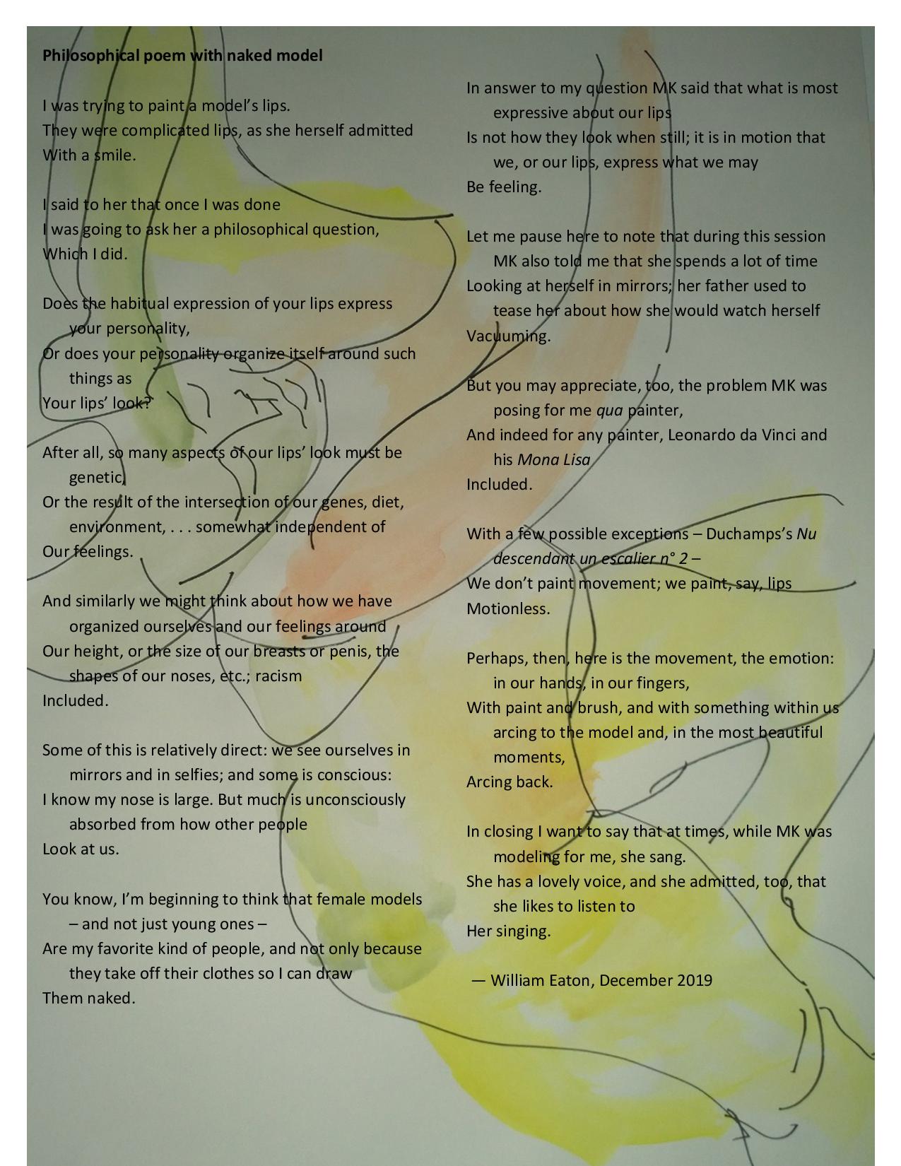 Philosophical poem with naked model, text and drawing by William Eaton, 2019